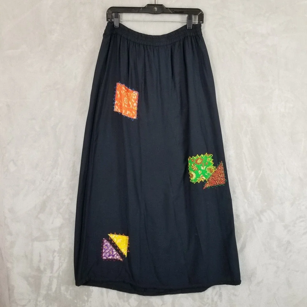 Vintage Sacred Threads Skirt Women S/M Black Maxi Patchwork Ruched‎ Side Hippie